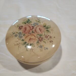 Vintage Alabaster Floral Powder Vanity Jar Hinged Lid Italy No Marks EUC